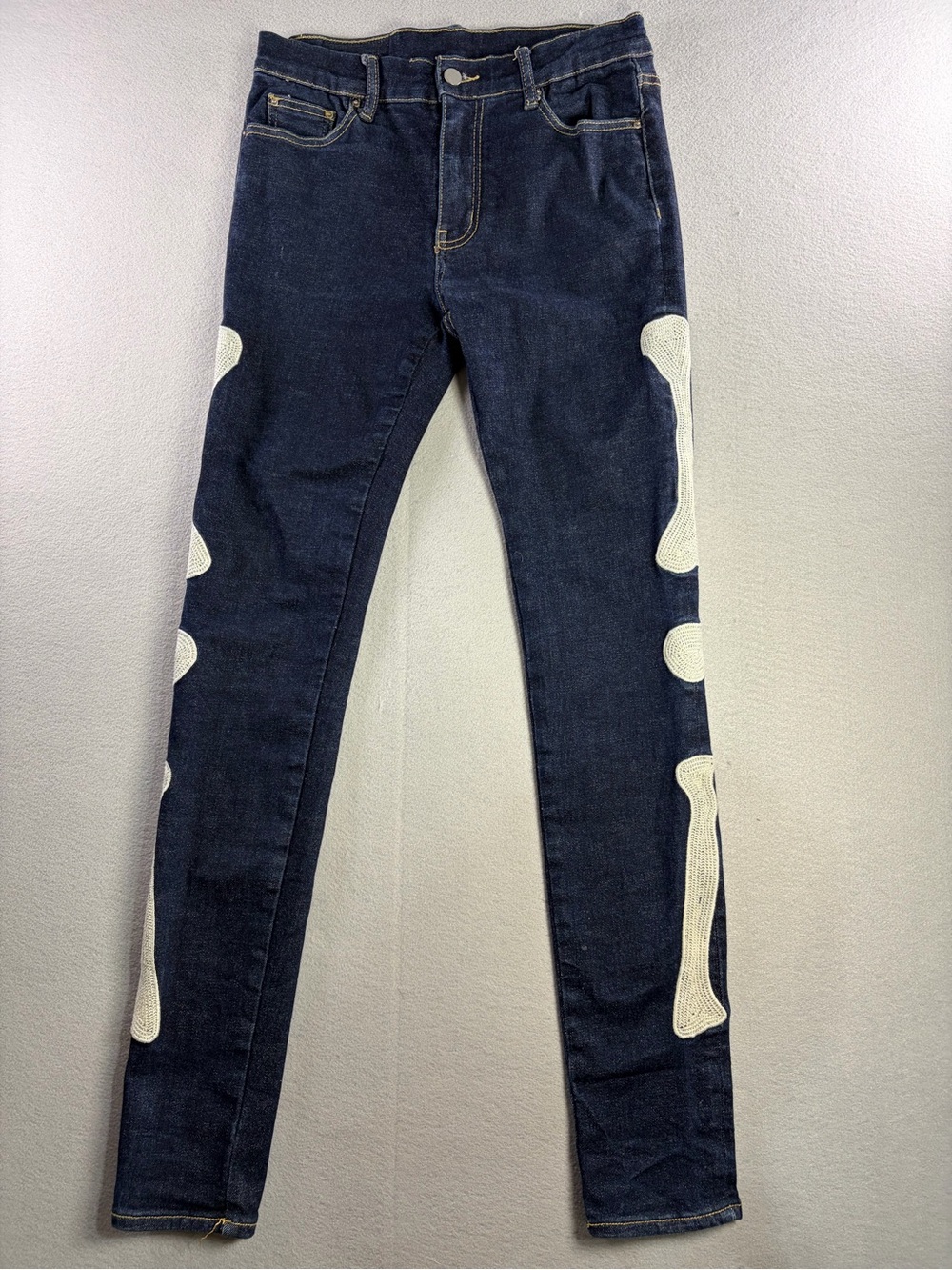 MNML Bone Navy Slim Straight Jeans with White Bone Appliqués